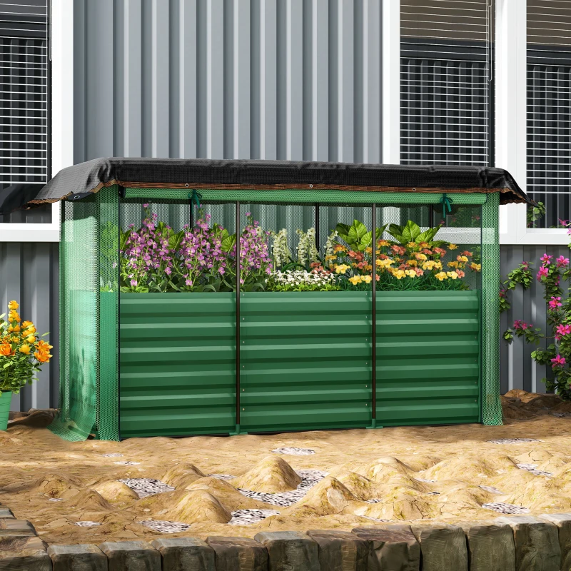 Outsunny Galvanized Steel Planter Box with Crop Cage and Shade Cloth, Raised Garden Bed for Flowers, Veggies and Herbs, Green