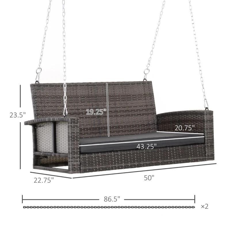 Outsunny 2 Person Wicker Hanging Swing Bench, Front Porch Swing Outdoor Chair with Cushions 550 lbs. Weight Capacity for Backyard, Garden, Gray