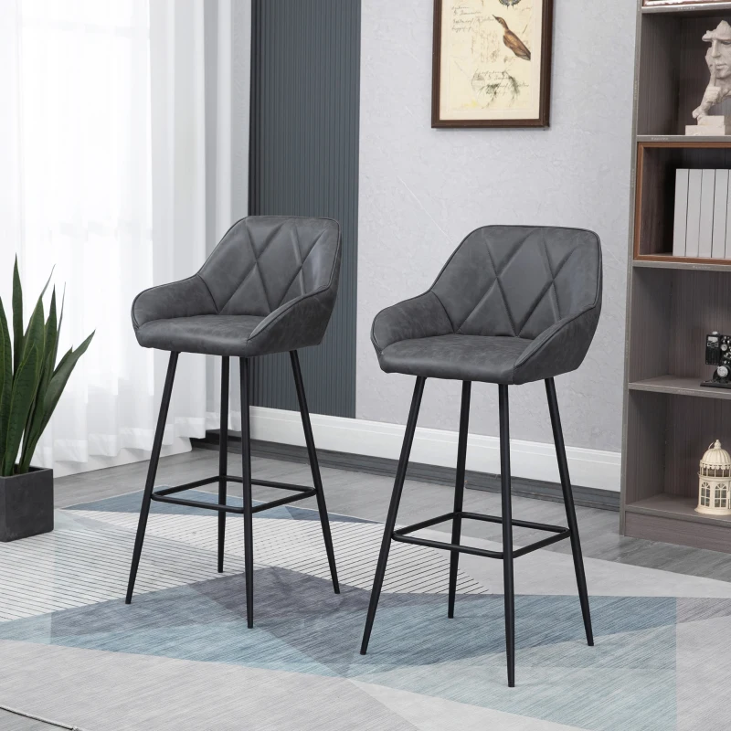 HOMCOM Retro Bar Stools Set of 2, Bar Chairs with Footrest, 30" (76 cm.) Kitchen Stools with Backs and Steel Legs, for Kitchen Island and Home Bar, Grey