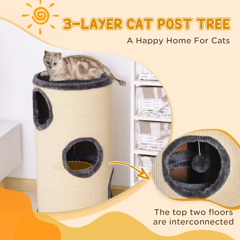 PawHut 28" Cat Condo 3-Story Cat House with Sisal, Gray
