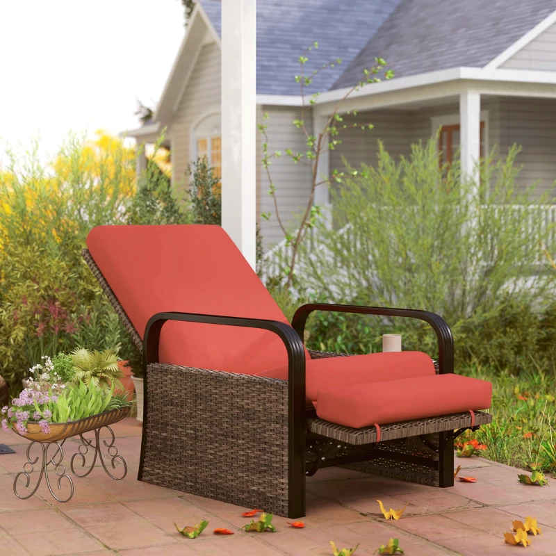 Outsunny Wicker Outdoor Recliner Chair, Reclining Lounge Chair with Adjustable Backrest, Footrest and Side Tray, Red