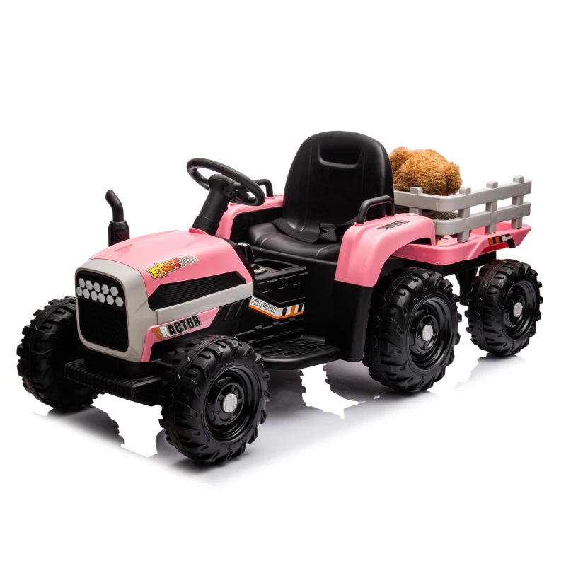 24V Battery Powered Electric Toy with 3-Speed Adjustable and Remote Control, Ride-On Tractor with Trailer, USB, MP3, LED Lights, for Kids, Pink