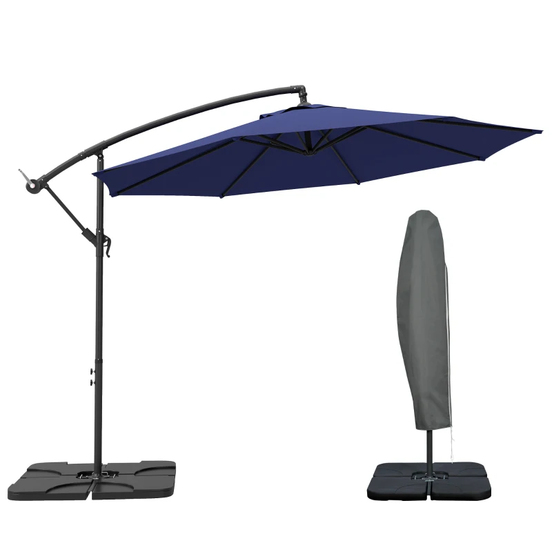 Outsunny 9.6ft Offset Patio Umbrella Garden Hanging Parasol Banana Cantilever Umbrella with Base, Crank, Navy Blue