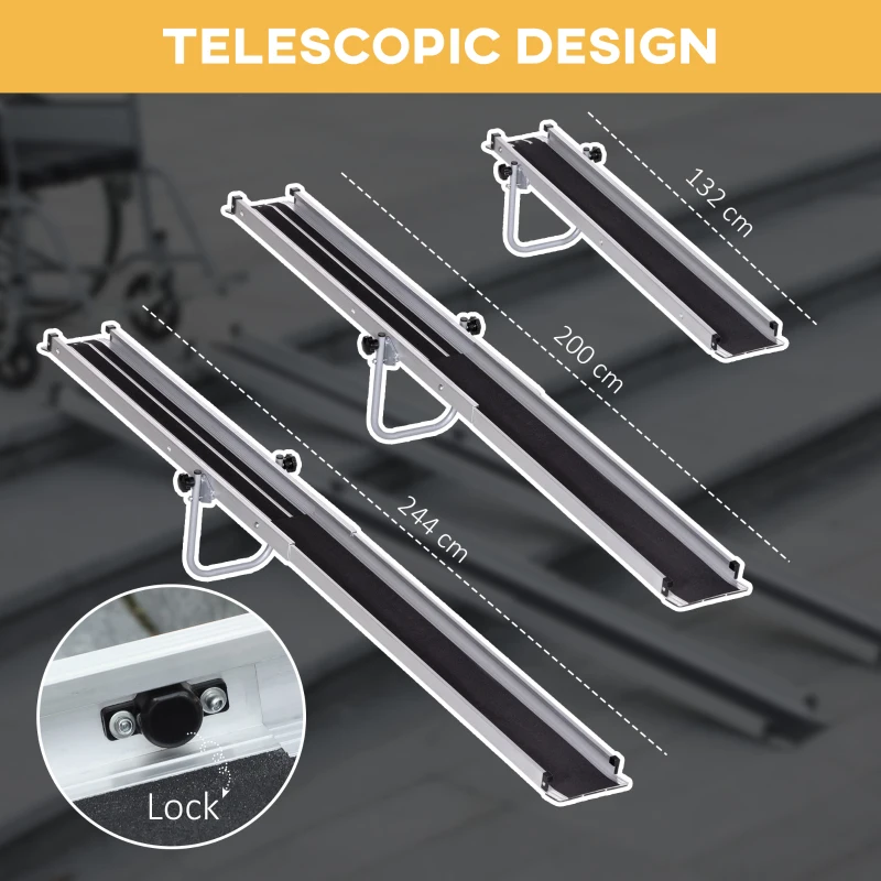 HOMCOM Telescopic Wheelchair Ramp, 8ft, 600 lbs, Aluminium Threshold Ramp, 2 Pack, for Home Steps, Mobility Scooters, Stairs