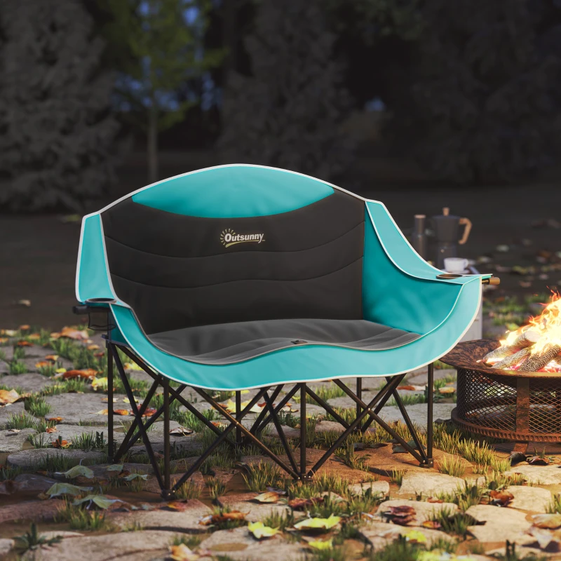 Outsunny Padded Folding Camp Chair for Adults, Double Camping Chair with Armrests, Cup Holders, Carry Bag for Outdoor, Green