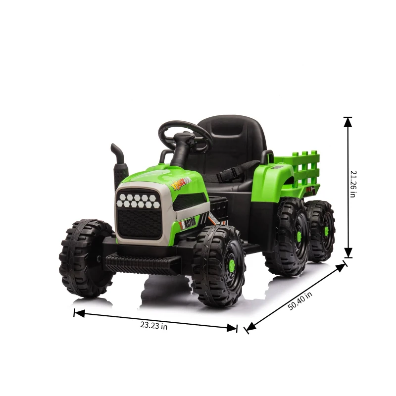 12V Ride-On Tractor with Trailer and Safety Belt, Battery Powered Electric Toy with 3-Speed, USB, MP3, LED Lights, for Kids Aged 3-6, Green