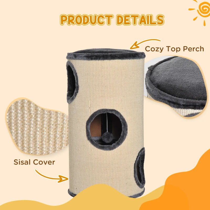 PawHut 28" Cat Condo 3-Story Cat House with Sisal, Gray