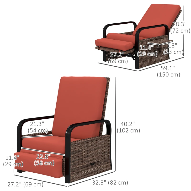 Outsunny Wicker Outdoor Recliner Chair, Reclining Lounge Chair with Adjustable Backrest, Footrest and Side Tray, Red