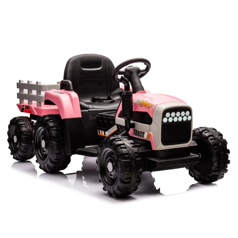 12V Battery Powered Ride-On Tractor with Trailer and 3-Speed Adjustable, Electric Toy with 2-Point Safety Belt, Bluetooth, and LED Light, Pink