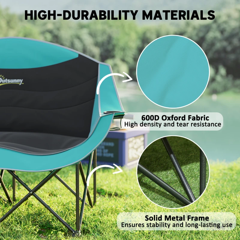 Outsunny Padded Folding Camp Chair for Adults, Double Camping Chair with Armrests, Cup Holders, Carry Bag for Outdoor, Green