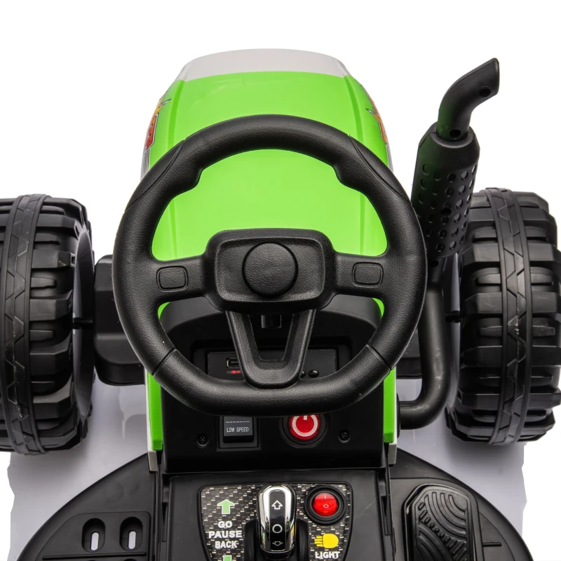12V Ride-On Tractor with Trailer and Safety Belt, Battery Powered Electric Toy with 3-Speed, USB, MP3, LED Lights, for Kids Aged 3-6, Green