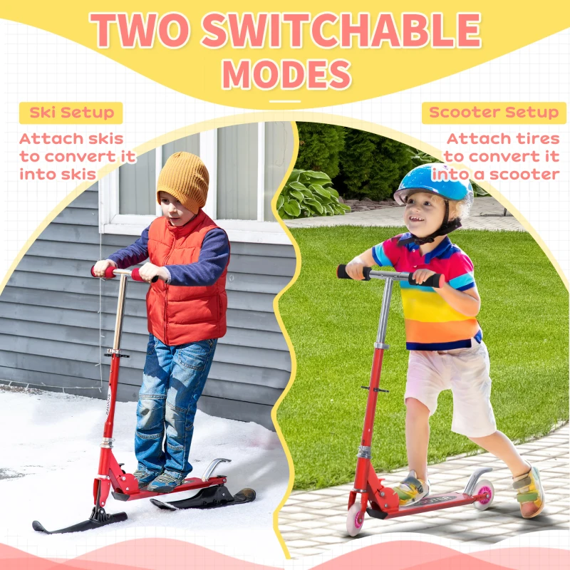 Qaba Snow Scooter, 2 in 1 Design Adjustable Height Scooter Snow Sled for Kids Aged Over 7 Years Old, Kids Sled Ski Scooter with Wheels Blades, Red