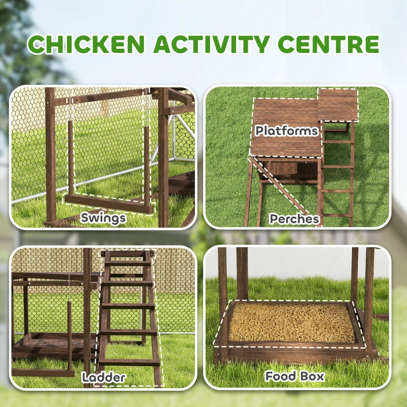 PawHut Wooden Chicken Activity Play Set with Perch, Swing, Ladder, Platforms, Feeder Storage, Coffee