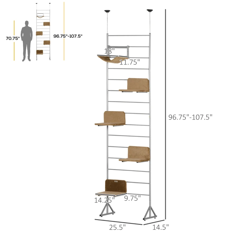 PawHut 107.5" Floor-to-Ceiling Cat Tree Height Adjustable Climbing Tower, Kitten Activity Center with Hammock and 4 Platforms
