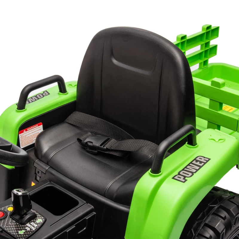 12V Ride-On Tractor with Trailer and Safety Belt, Battery Powered Electric Toy with 3-Speed, USB, MP3, LED Lights, for Kids Aged 3-6, Green