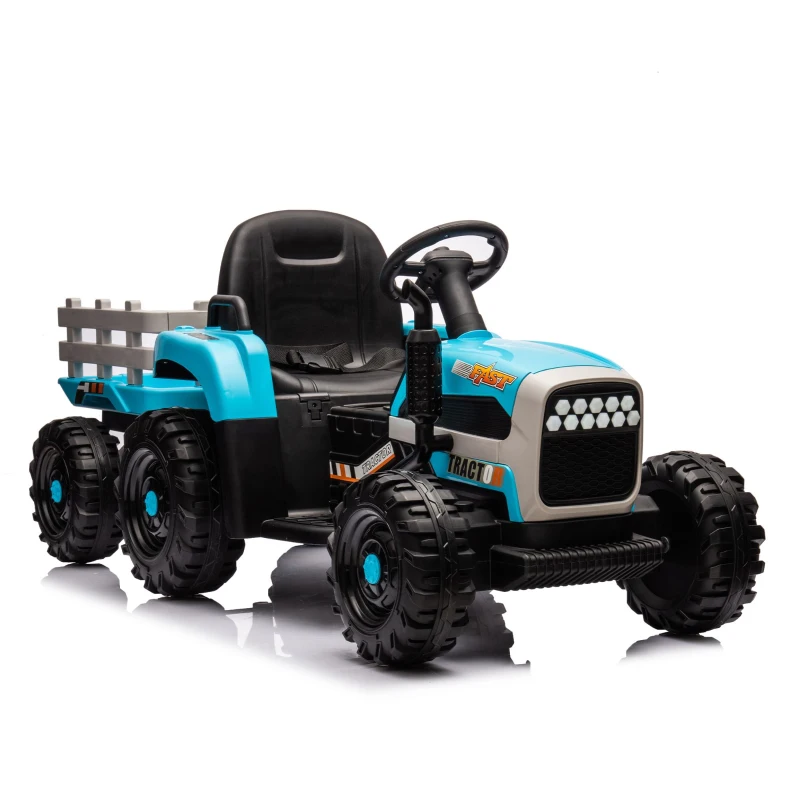 12V Battery Powered Ride-On Tractor with Trailer, Electric Toy with Remote Control, 3-Speed Adjustable, 2-Point Safety Belt, and Bluetooth, Blue
