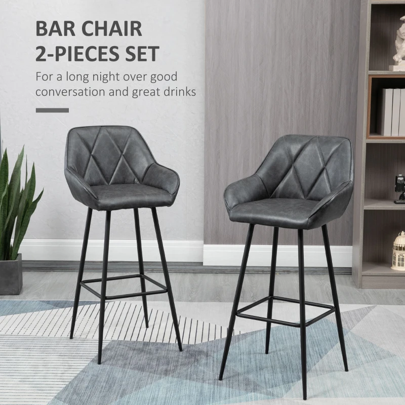 HOMCOM Retro Bar Stools Set of 2, Bar Chairs with Footrest, 30" (76 cm.) Kitchen Stools with Backs and Steel Legs, for Kitchen Island and Home Bar, Grey