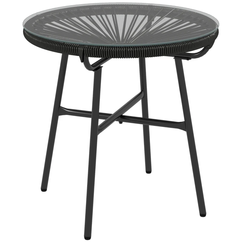Outsunny Rattan Side Table, Round Outdoor Table, with Round PE Rattan and Tempered Glass Table Top for Patio, Garden, Black