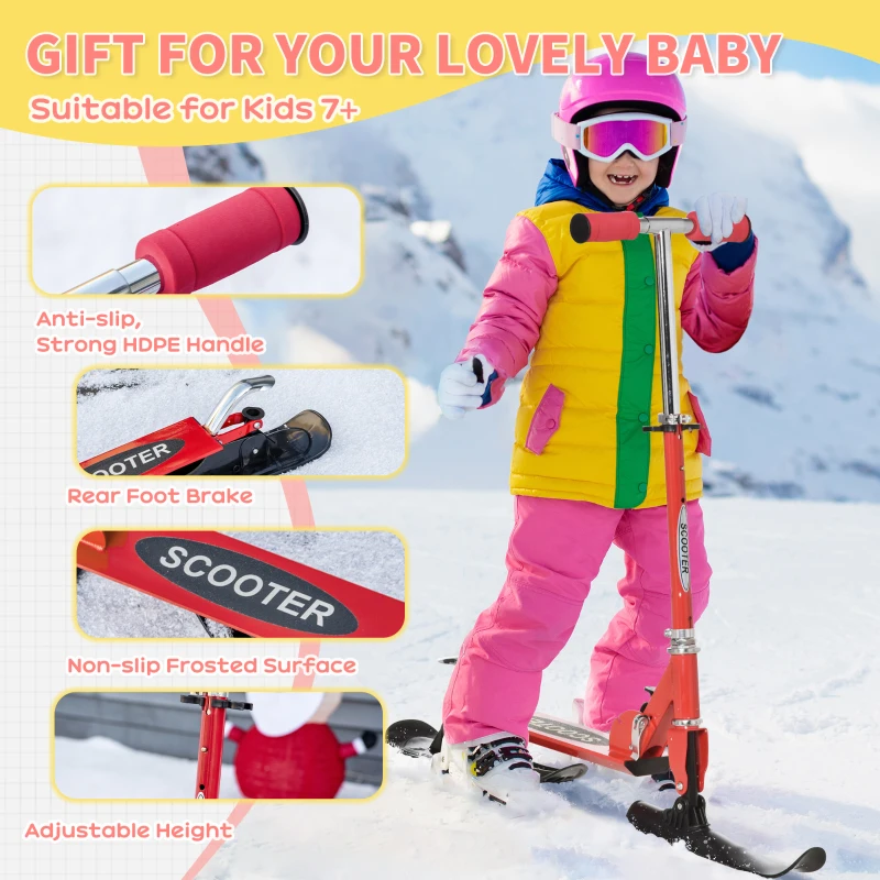 Qaba Snow Scooter, 2 in 1 Design Adjustable Height Scooter Snow Sled for Kids Aged Over 7 Years Old, Kids Sled Ski Scooter with Wheels Blades, Red
