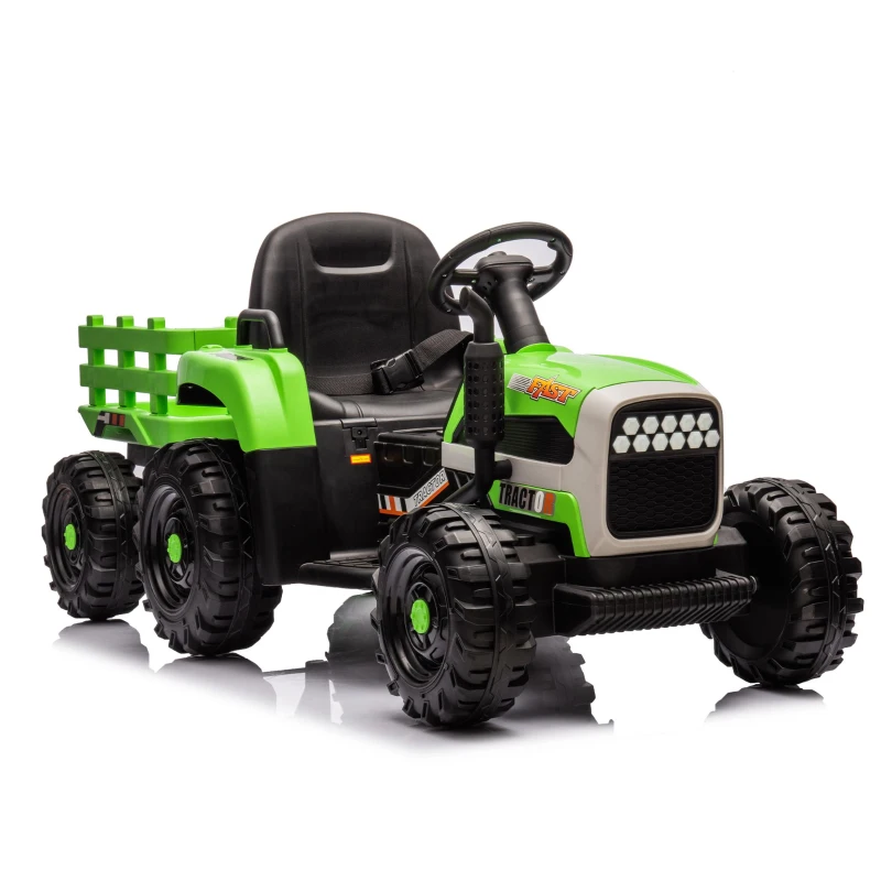 12V Ride-On Tractor with Trailer and Safety Belt, Battery Powered Electric Toy with 3-Speed, USB, MP3, LED Lights, for Kids Aged 3-6, Green