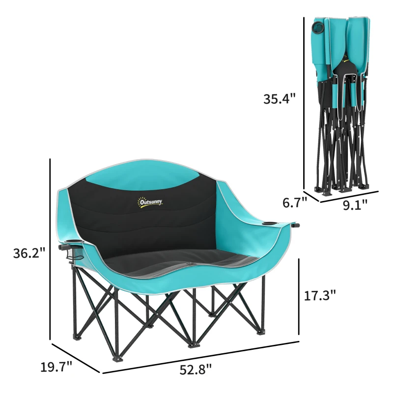 Outsunny Padded Folding Camp Chair for Adults, Double Camping Chair with Armrests, Cup Holders, Carry Bag for Outdoor, Green