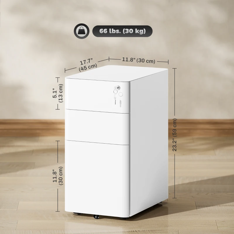 Vinsetto 3 Drawer Filing Cabinet, Lockable Steel Office Storage Cabinet with Hanging Bar for Letter, A4, Legal Files, White