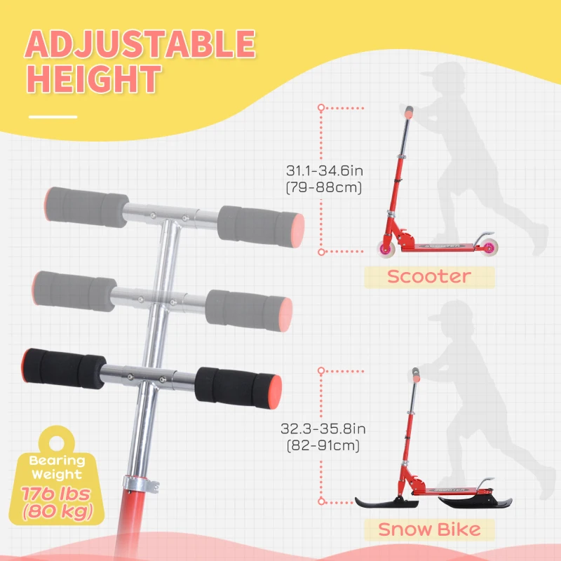 Qaba Snow Scooter, 2 in 1 Design Adjustable Height Scooter Snow Sled for Kids Aged Over 7 Years Old, Kids Sled Ski Scooter with Wheels Blades, Red