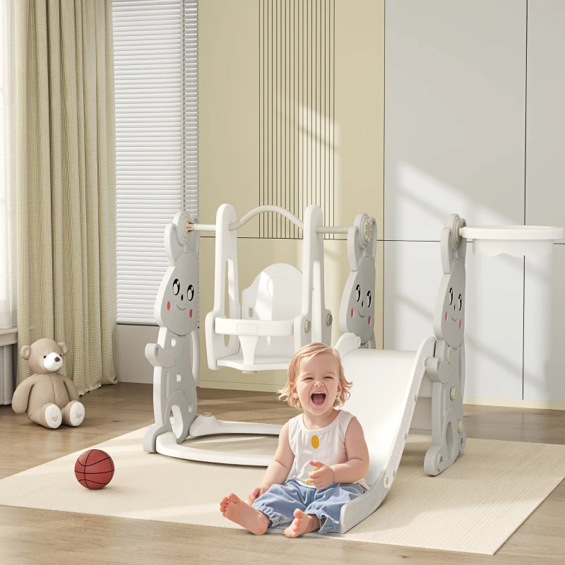 Qaba 4 in 1 Toddler Slide and Swing Set with Climber, Basketball Hoop, Rabbit Themed Kids Playset for Ages 1.5-4, Gray