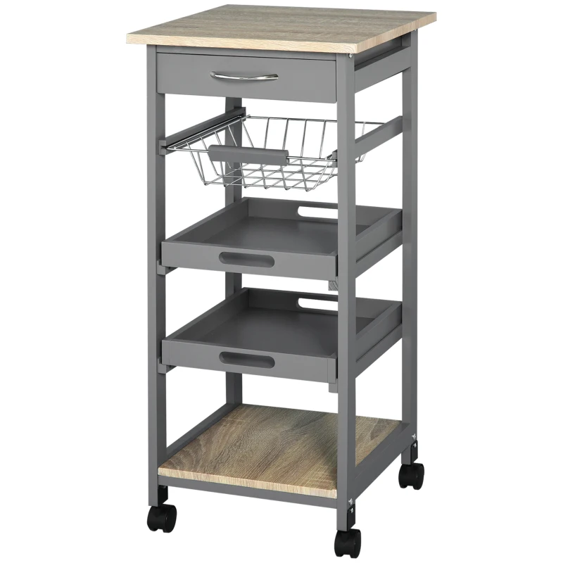 HOMCOM Mobile Kitchen Cart, Rolling Kitchen Island with Storage, Solid Wood Frame Utility Cart with Wire Fruit Baskets, Trays and Drawer, Gray