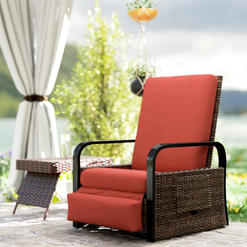 Outsunny Wicker Outdoor Recliner Chair, Reclining Lounge Chair with Adjustable Backrest, Footrest and Side Tray, Red