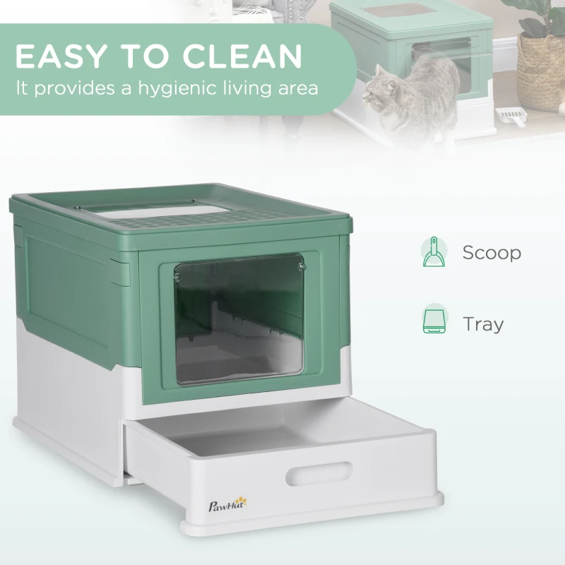 PawHut Top Entry Enclosed Kitty Litter Box with Scoop, Tray, Front Entry, Large Space, Foldable, Portable, Green