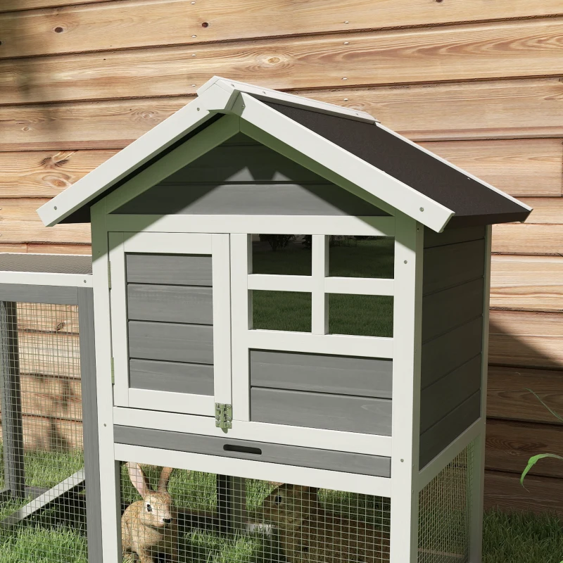 PawHut 48" Weatherproof Wooden Rabbit Hutch With Slant Roof And Screened Outdoor Run, Grey