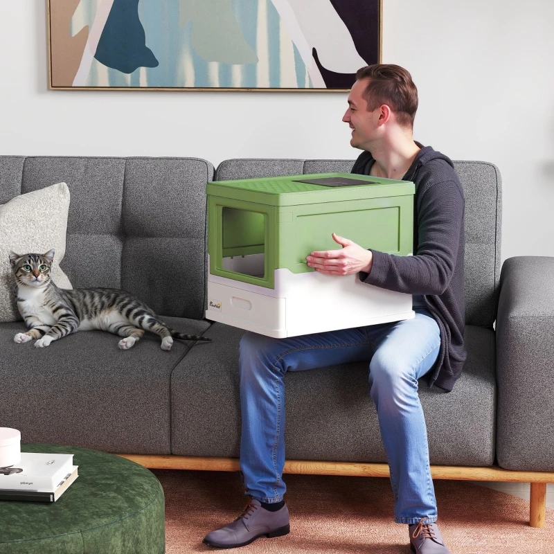 PawHut Top Entry Enclosed Kitty Litter Box with Scoop, Tray, Front Entry, Large Space, Foldable, Portable, Dark Green