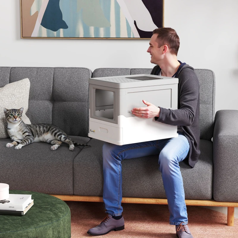 PawHut Top Entry Enclosed Kitty Litter Box with Scoop, Tray, Front Entry, Large Space, Foldable, Portable, Grey