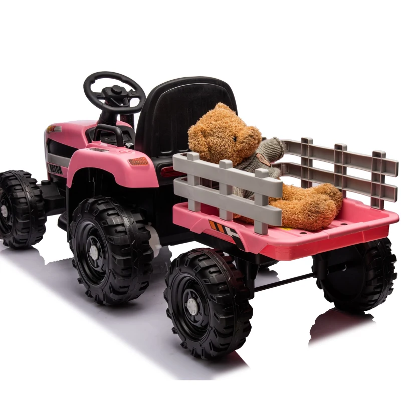 24V Battery Powered Electric Toy with 3-Speed Adjustable and Remote Control, Ride-On Tractor with Trailer, USB, MP3, LED Lights, for Kids, Pink