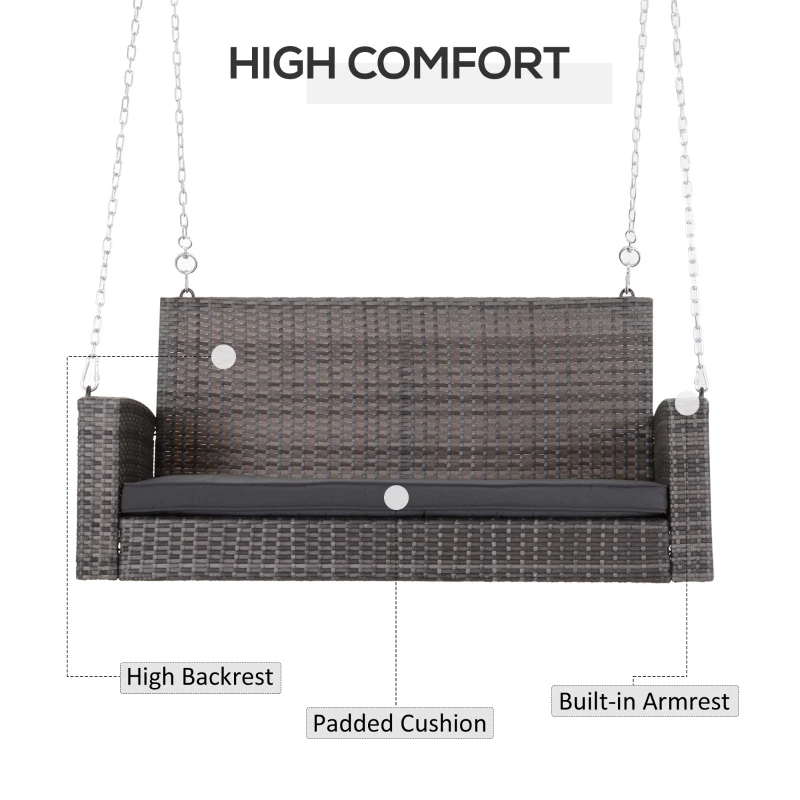 Outsunny 2 Person Wicker Hanging Swing Bench, Front Porch Swing Outdoor Chair with Cushions 550 lbs. Weight Capacity for Backyard, Garden, Gray