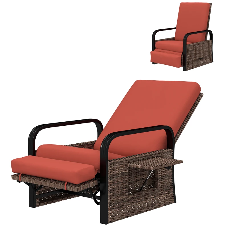 Outsunny Wicker Outdoor Recliner Chair, Reclining Lounge Chair with Adjustable Backrest, Footrest and Side Tray, Red