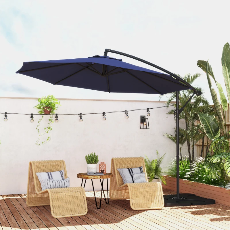 Outsunny 9.6ft Offset Patio Umbrella Garden Hanging Parasol Banana Cantilever Umbrella with Base, Crank, Navy Blue