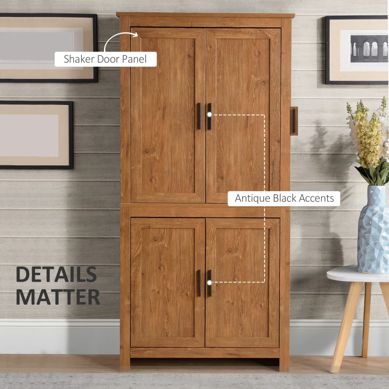 HOMCOM 64" Kitchen Pantry Cabinet, Freestanding Storage Cabinet with 4 Doors, 3 Adjustable Shelves, Oak