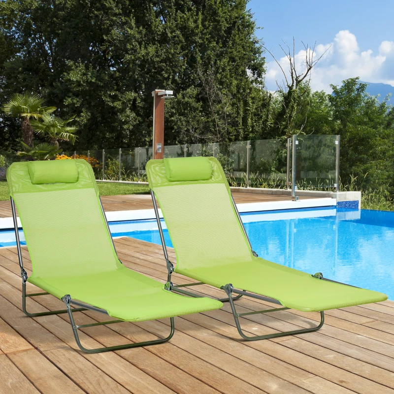 Outsunny Set of 2 Folding Chaise Lounge Chairs, Outdoor Poolside Sun Tanning Chairs w/ Pillow, Reclining Backrest, Green