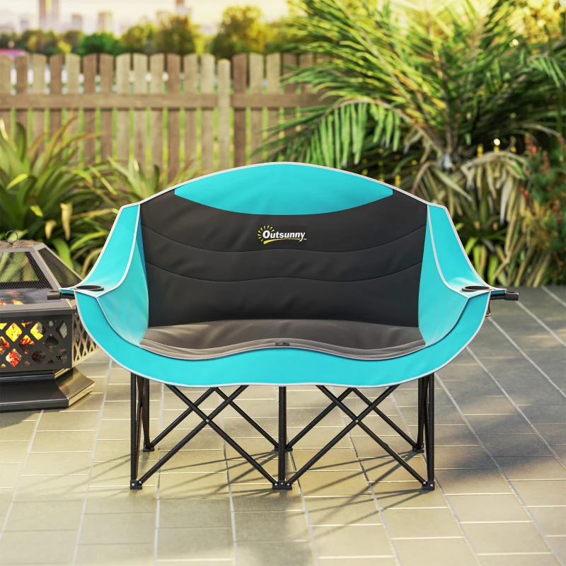 Outsunny Padded Folding Camp Chair for Adults, Double Camping Chair with Armrests, Cup Holders, Carry Bag for Outdoor, Green