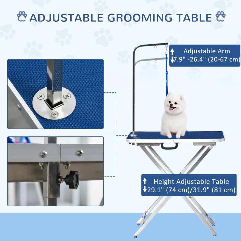 PawHut 28" Foldable Dog Grooming Table with Adjustable Arm, Non-Slip Surface for Medium Small Dogs, Cats, Blue
