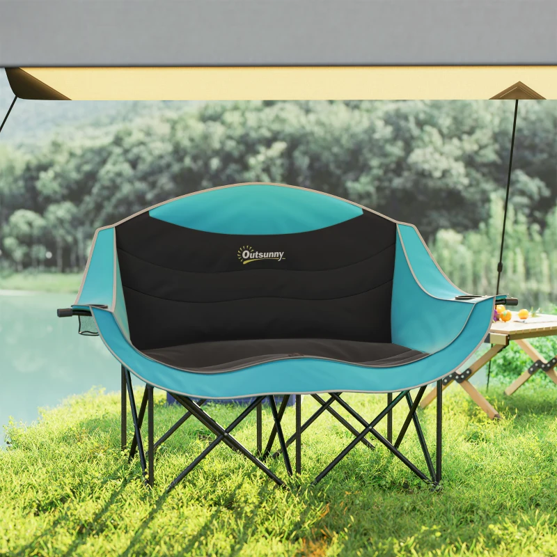 Outsunny Padded Folding Camp Chair for Adults, Double Camping Chair with Armrests, Cup Holders, Carry Bag for Outdoor, Green