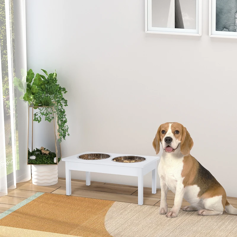 PawHut 23" Wooden Heavy Duty Dog Food Bowls Pet Elevated Feeding Station -White