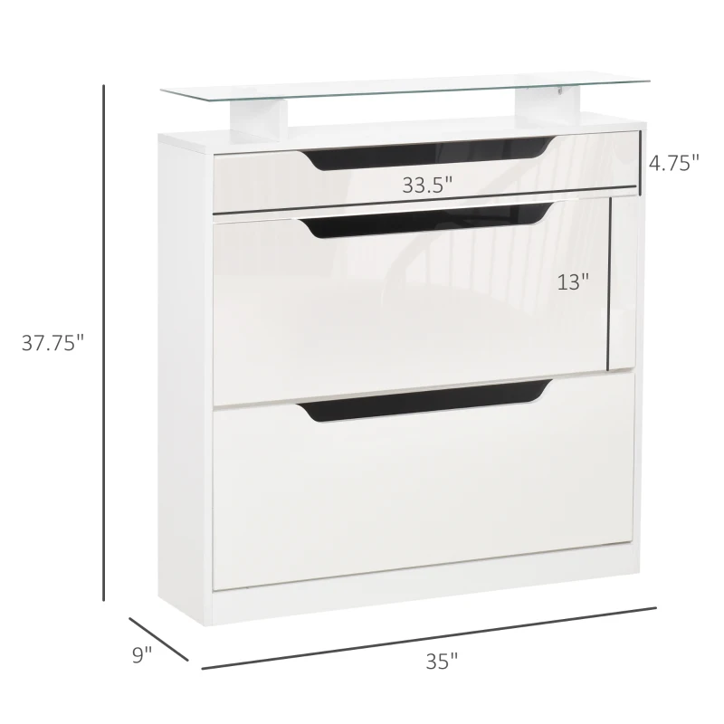 HOMCOM High Gloss Shoe Cabinet with 2 Flip Drawers and Adjustable Shelves, Narrow Shoe Storage Cabinet with Glass Top, White
