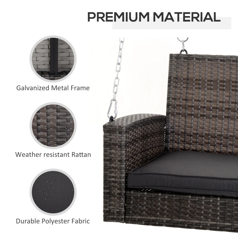 Outsunny 2 Person Wicker Hanging Swing Bench, Front Porch Swing Outdoor Chair with Cushions 550 lbs. Weight Capacity for Backyard, Garden, Gray