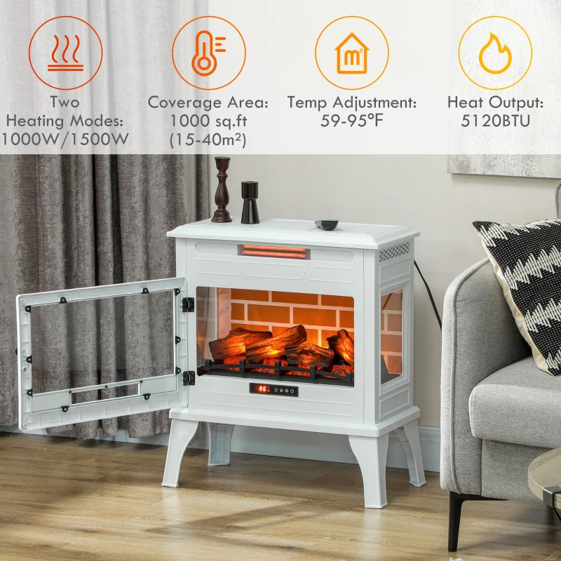 HOMCOM 24" Electric Fireplace Stove, 1000W/1500W Freestanding Fireplace Heater with Realistic 3D Flame Effect, Remote, White