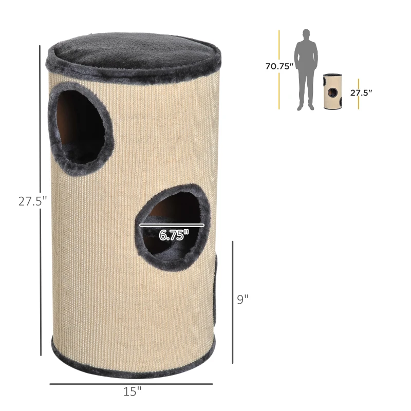 PawHut 28" Cat Condo 3-Story Cat House with Sisal, Gray