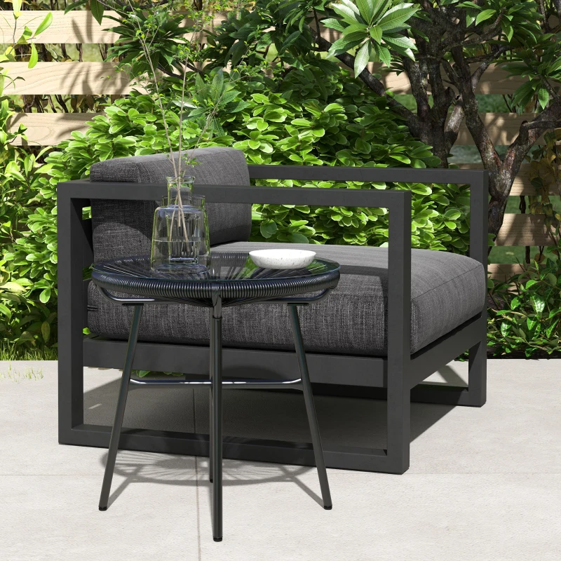 Outsunny Rattan Side Table, Round Outdoor Table, with Round PE Rattan and Tempered Glass Table Top for Patio, Garden, Black