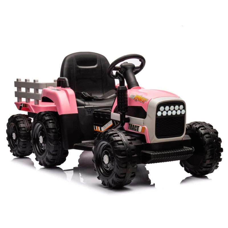 24V Battery Powered Electric Toy with 3-Speed Adjustable and Remote Control, Ride-On Tractor with Trailer, USB, MP3, LED Lights, for Kids, Pink